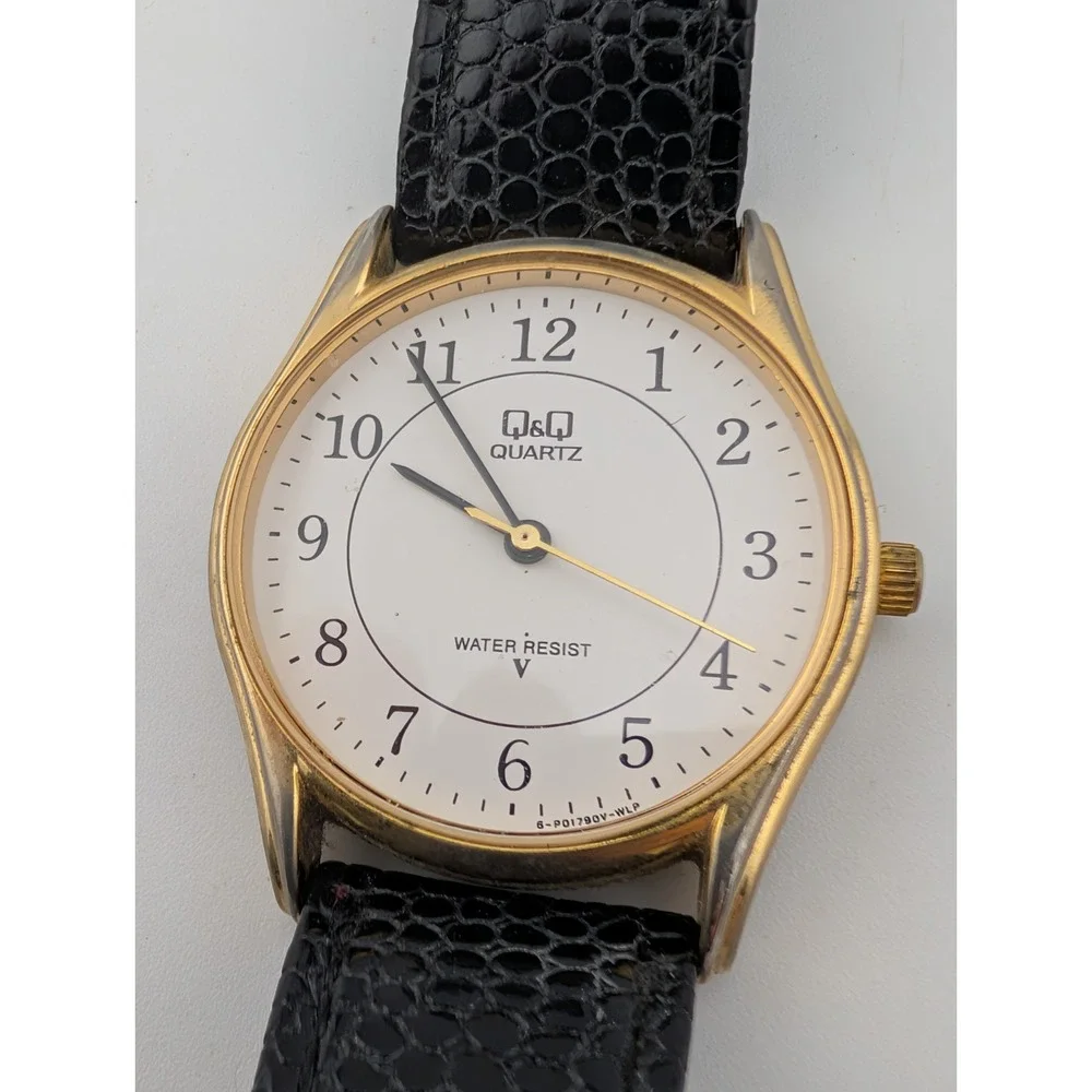 Q&Q Watch Men 32mm Gold Case Black Leather Band- New Battery